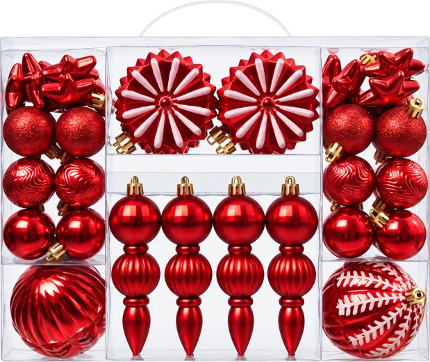Glossy Unbreakable Christmas Ornaments, Set of 52 Pieces