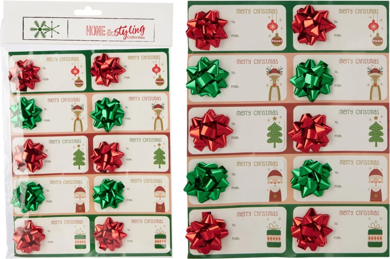 Weihnachtliche selbstklebende Namensetiketten mit Schleife – Farbmix, 10 Stk.