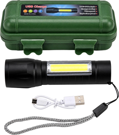 Tactische COB-ledzaklamp met USB-opladen, zoomfunctie en etui