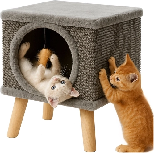 Kattenhuisje met mandje en krabwand voor kat Purlov