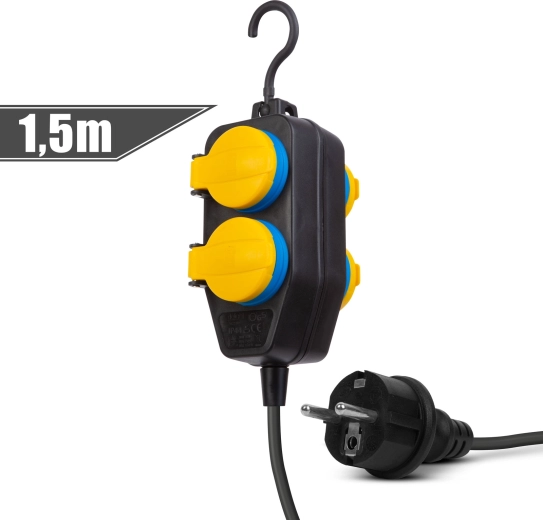 Buitenverlengkabel met afdekking, 1,5 m, 4 stopcontacten 230 V, IP44