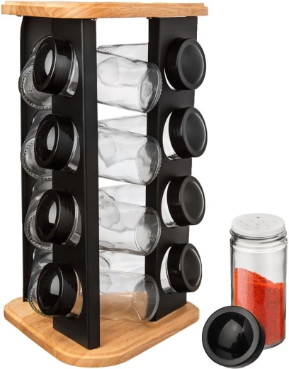 Support rotatif pour épices avec 12 bocaux en verre Black