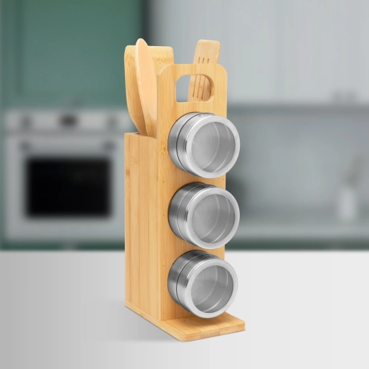 Magnetic Spice Rack with Bamboo Kitchen Utensils, 7-Piece Set