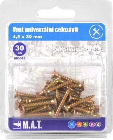 Universele volledig schroefdraadschroeven 4,5 × 30 mm, verzinkt, 30 stuks