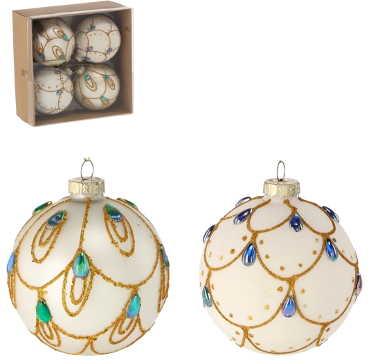 Set glazen kerstballen 8 cm – zilver-wit met blauwe details, met de hand gedecoreerd (4 stuks)