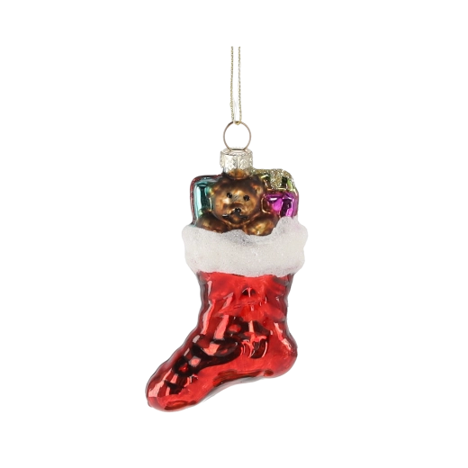 Glass Christmas ornament stocking with teddy bear, red
