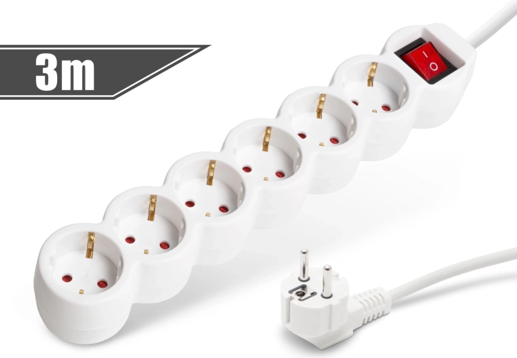 White extension cord with 6 sockets and switch, 3 m