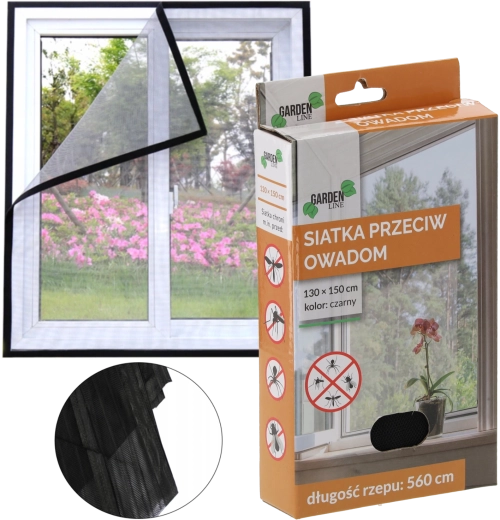 Black insect screen 150 × 180 cm with hook-and-loop tape