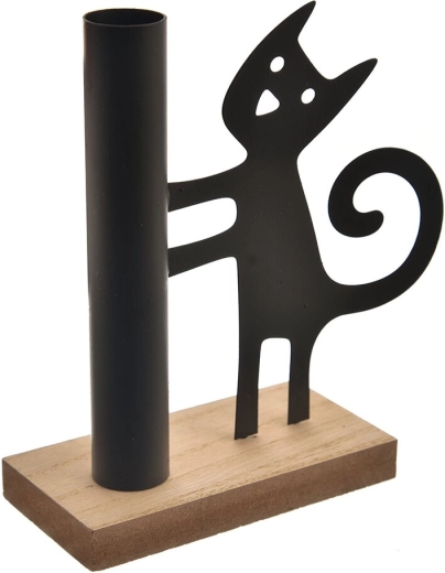Kandelaar van hout en metaal met kattenmotief