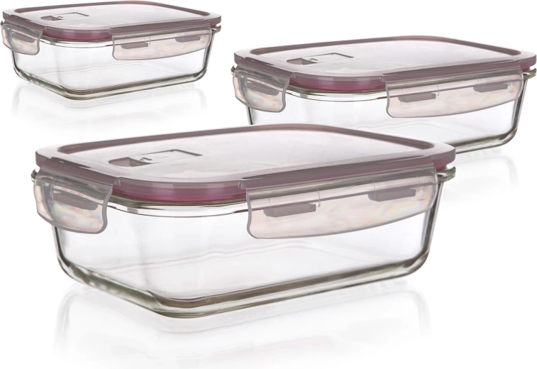 Set aus rechteckigen Glasdosen Lora mit Deckeln, 3 Stk. (0,55 l, 0,95 l, 1,45 l)