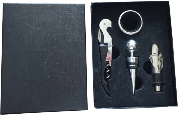 Geschenkset für Wein, 4-teilig – Korkenzieher, Verschluss, Tropfring und Ausgießer