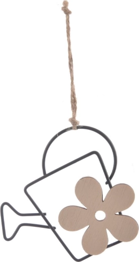 Hanging Decorative Watering Can, Wood and Black Metal, 10 × 10 cm