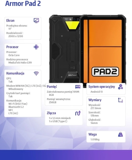 Robustes Tablet Ulefone Armor Pad 2 4G 11" 8/256 GB IP69K – Schwarz