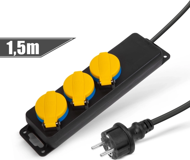 Waterdichte verlengkabel met afdekking, 1,5 m, 3 stopcontacten 230 V, IP44