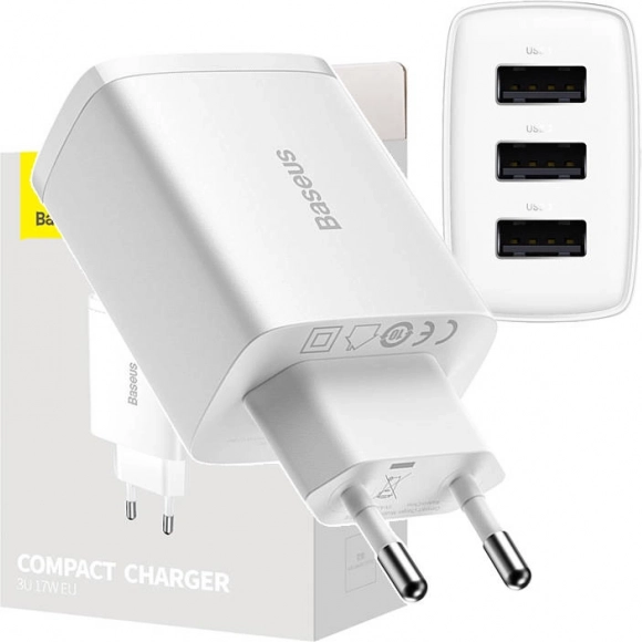 BASEUS 17 W Wall Charger, 3× USB, White