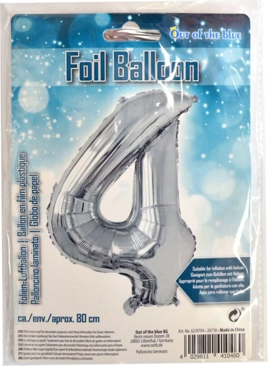 Folieballon cijfer 4 zilver 80 cm