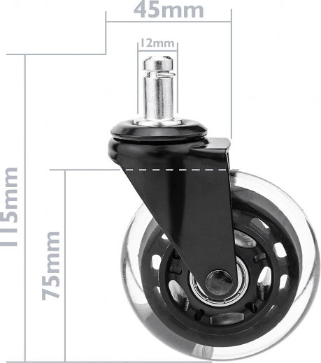 Gummiertes Rollenrad für Büro- und Gaming-Stühle, kugelgelagert (Stift 12 mm) – 1 Stk.