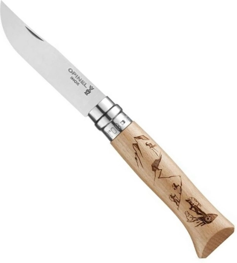 Opinel N°8 zakmes met beukenhouten handgreep, klim-motief, 8,5 cm