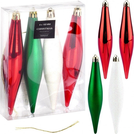 Onbreekbare kerstversieringen – druppels rood, groen en wit, 15 cm, set van 4 stuks