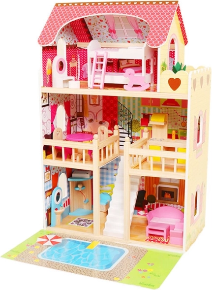 Wooden dollhouse with furniture, pool and LED lighting ECOTOYS