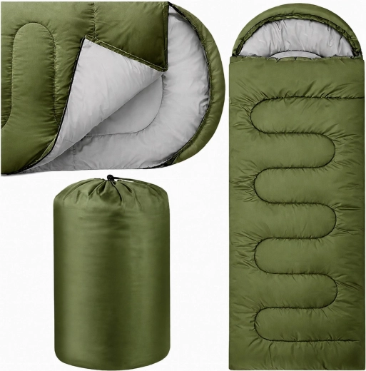 Mummy camping sleeping bag 2-in-1 with hood 210 × 70 cm, green