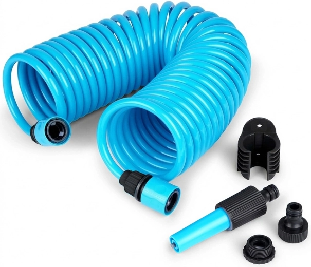 Spiral garden hose 10 m with spray gun and wall bracket