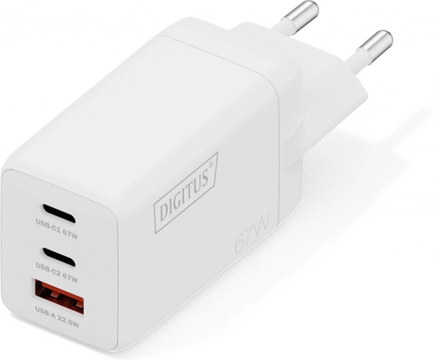 USB GaN 67 W Wall Charger, 2× USB‑C and 1× USB‑A, White