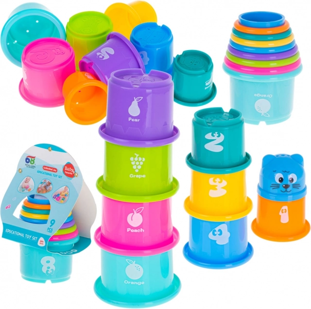 Educational stacking cups tower pyramid numbers and fruit