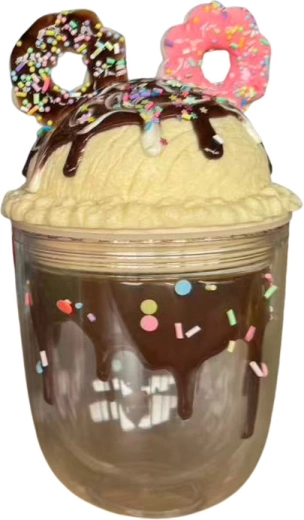 Transparenter Becher mit Deckel und Strohhalm mit Donut-Motiv, 350 ml