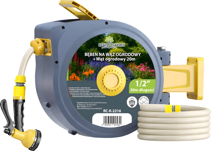 Wall-mounted automatic garden hose reel 1/2", 20 m – set