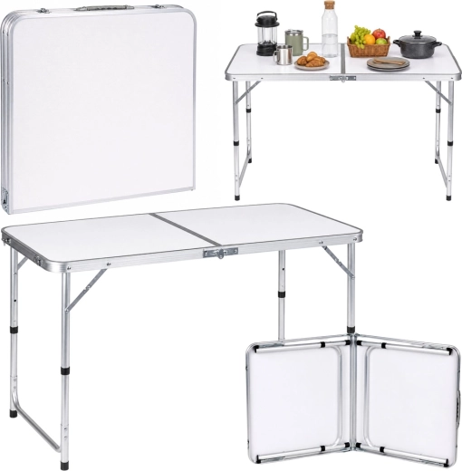 Folding camping table with adjustable height in a suitcase, white