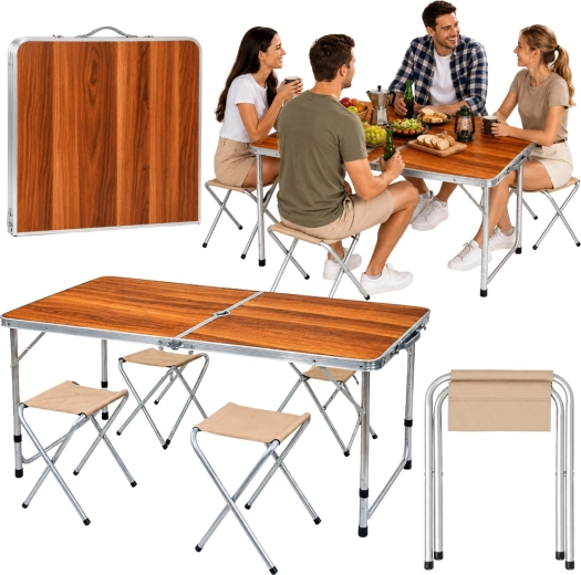 Ensemble de camping pliant : table et 4 tabourets dans une valise, décor bois