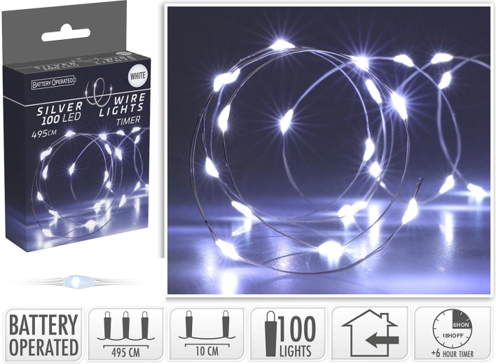 Christmas LED lights 4.95 m, 100 LEDs, cool white, on wire, with timer - 1 piece