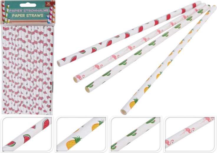 Pailles en papier 6 × 197 mm, assortiment de motifs (16 pcs)