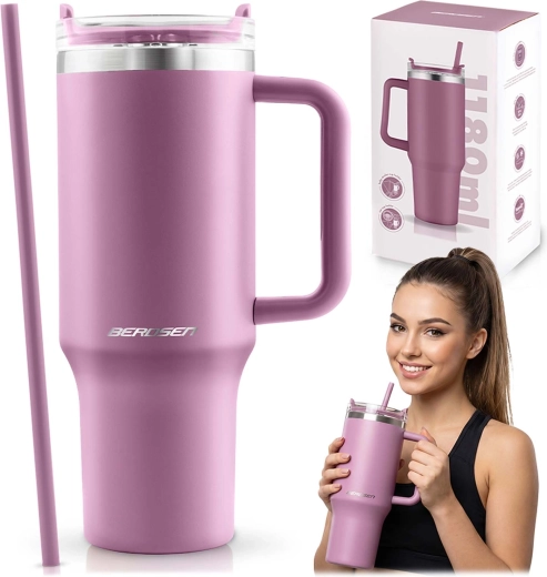 Berdsen pink vacuum insulated tumbler with straw 1180 ml