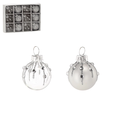 Set de boules de Noël en verre – boules argentées et transparentes, 12 pcs