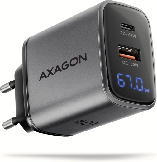 AXAGON GaN 67 W Wall Charger with USB‑C PD and USB‑A QC, LED Display