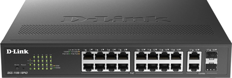 D-Link smart managed gigabit PoE switch DGS-1100-18PV2 (16× 10/100/1000BASE-T)