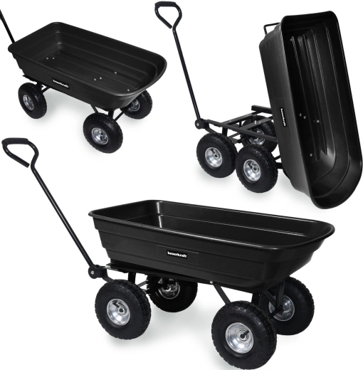 Garden transport cart with tipping bed and swivel wheels, black