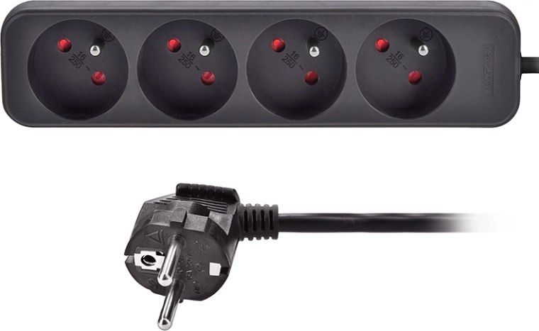Solight verlengsnoer met 4 stopcontacten, zwart, 3 m