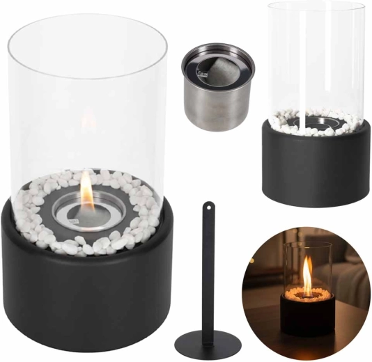 Tabletop smokeless bioethanol fireplace with protective glass