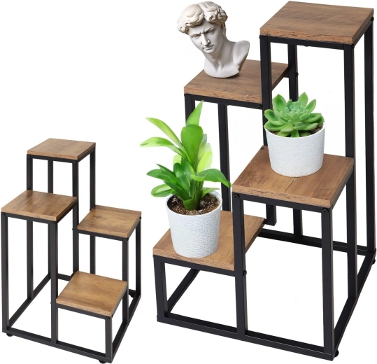 Freestanding metal plant stand with 4 shelves in rustic oak finish