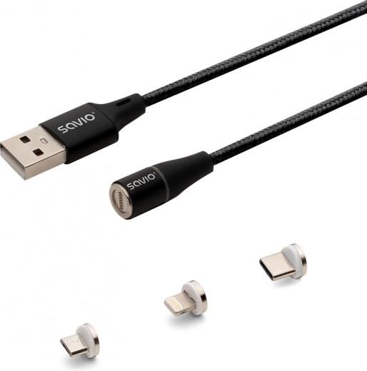 Magnetic USB Cable Savio 3in1 Type C, Micro and Lightning, Black, 1m