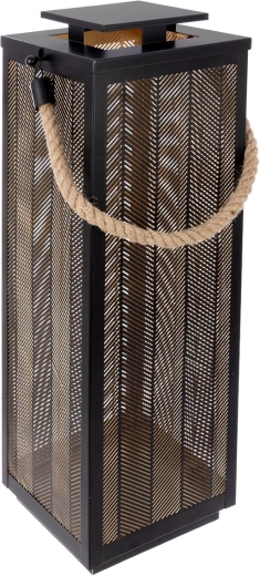 Metal decorative lantern in black and gold with jute rope, 67 cm