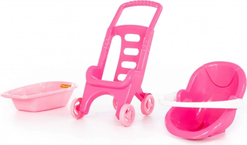 Pink doll set with stroller, car seat, and baby bathtub