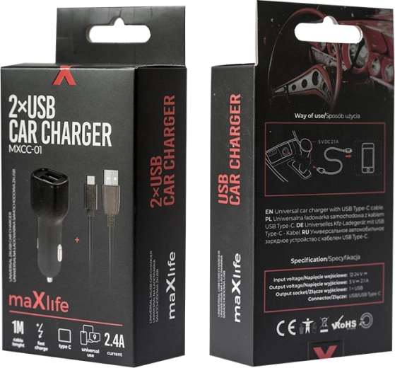 MAXLIFE Car Charger 2× USB + USB‑C 2.4 A, Black