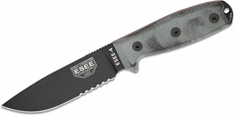 ESEE Messer 4S mit Teilwellenschliff, 11,4 cm, Schwarz/Grau, Micarta, MOLLE-Scheide