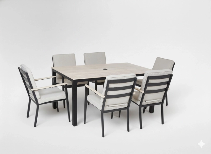 Aluminium tuin-eetset met tafel en 6 fauteuils, beige kussens