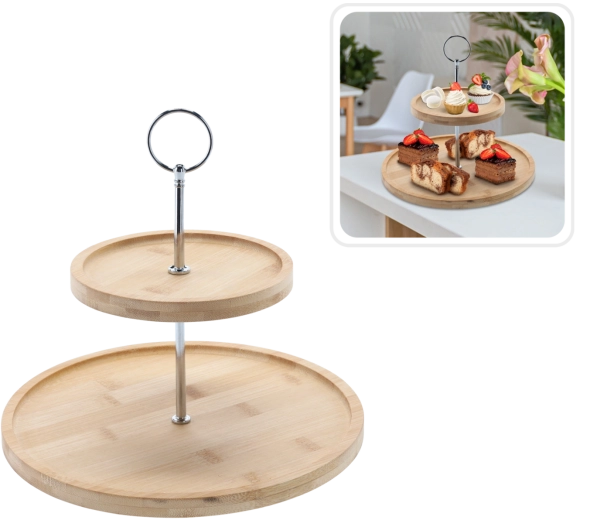 Présentoir à deux niveaux en bambou et métal 22 × 24 cm