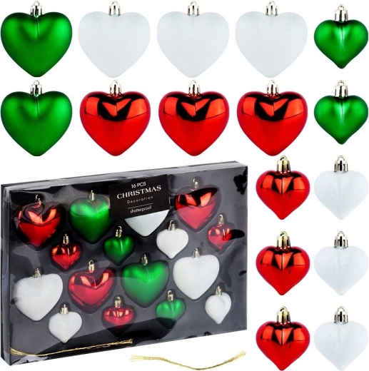 Set onbreekbare kerstornamenten hartjes rood, groen en wit 16 stuks (6,5 cm en 4,5 cm)